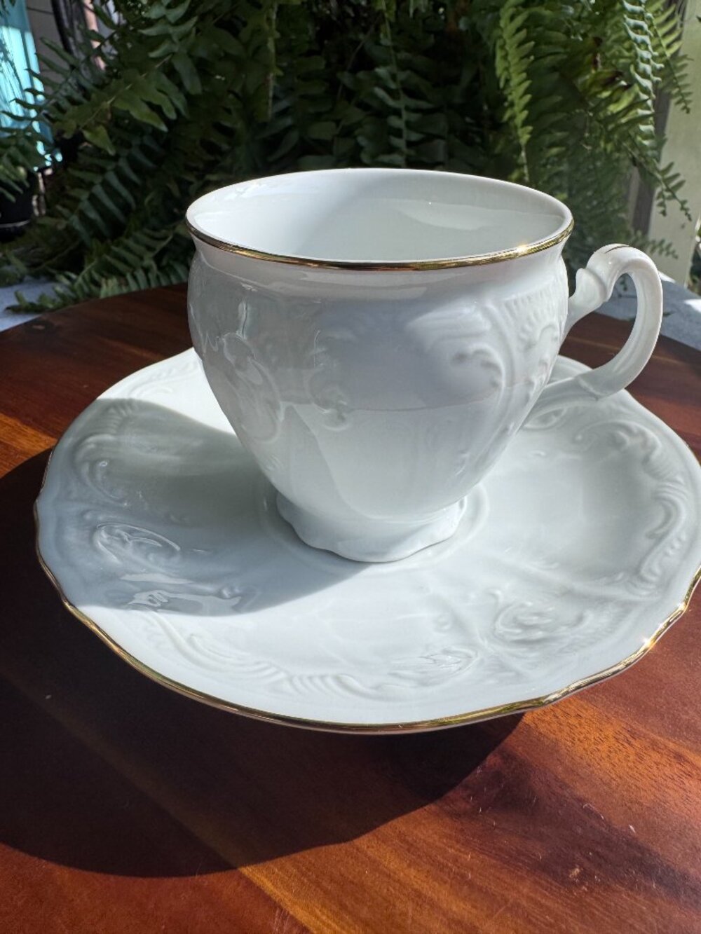 Vintage Bernadotte Czech Republic White Porcelain Teacup Saucer Set, Gold Rim